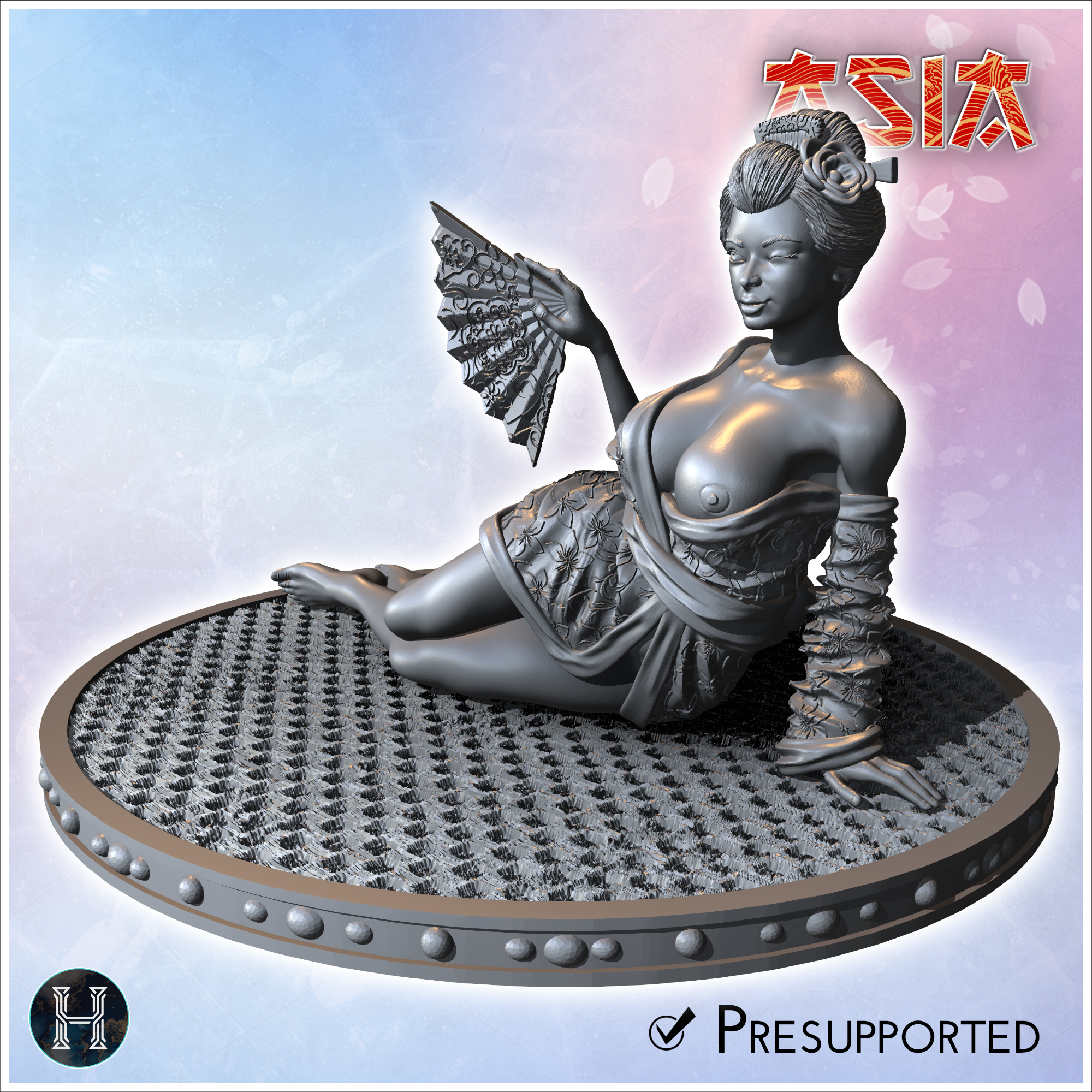 Geisha lounging on a cushion while holding a fan with intricate patterns (2) - Asian Asia Oriental Angkor Ninja Traditionnal RPG Mini